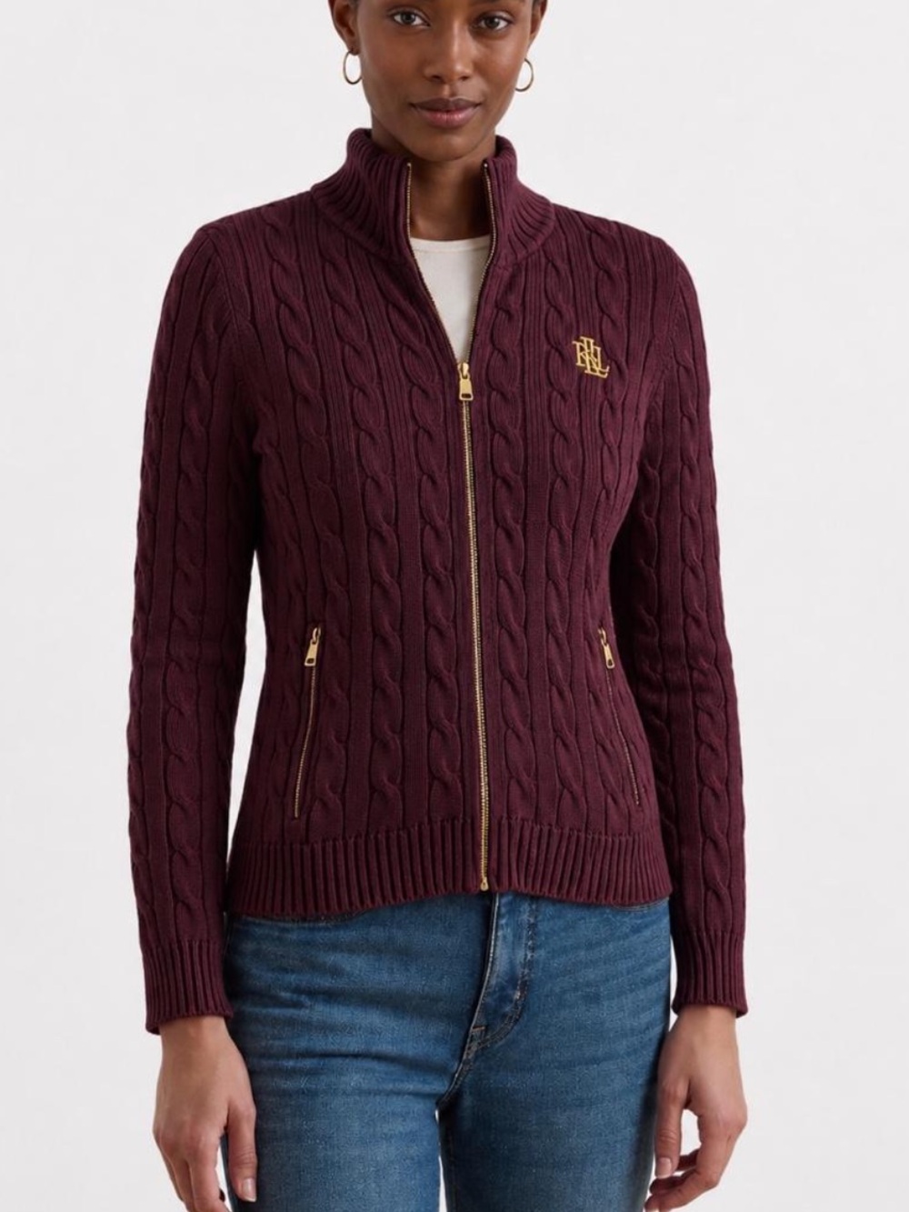 Ralph Lauren Cable Knit Full Zip Mockneck Sweater Jacket Small Red Burgundy Logo